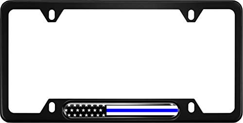 USA Patriotic Anodized Aluminum Thin Top | Narrow Top Car License Plate Frame with U.S. American Flag | Thin Blue Line Insert with Free caps - Black