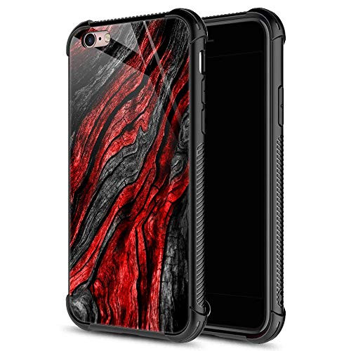 iPhone 6S Case,9H Tempered Glass iPhone 6 Cases for Boys Men, Black Red Wood Grain Pattern Design Shockproof Anti-Scratch Case for Apple iPhone 6/6S 4.7 inch Wood Grain