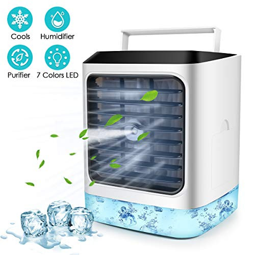 Personal Air Cooler, 4 in 1 Air Space Conditioner, Mini USB Fan Evaporative Spray Humidifier Purifier with 7 Colors LED, Portable Desk Cooling Fan for Home Room Office Outdoor