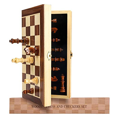 Hnoerin Upgraded Magnetic Chess Set, Folding Wooden Chess Game Board with Magnetic Crafted Chess Pieces Includes Extra Kings Queens, 12 x 12 Travel Chess and Checkers Set