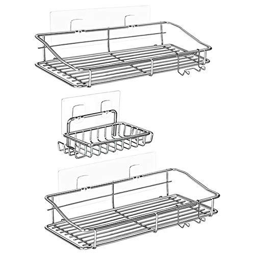 Nieifi Shower Caddy Basket with Hooks Soap Dish Holder Shelf for Shampoo Conditioner Bathroom Kitchen Storage Organizer SUS304 Stainless Steel Adhesive No Drilling - 3 Pack