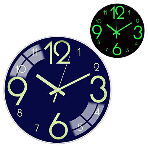 BECANOE Night Light Function Wall Clock Sapphire Blue 12 Inch Silent Non Ticking Quartz Battery Operated Round Easy to Read Home/Kitchen/Office/School Decorative Clocks