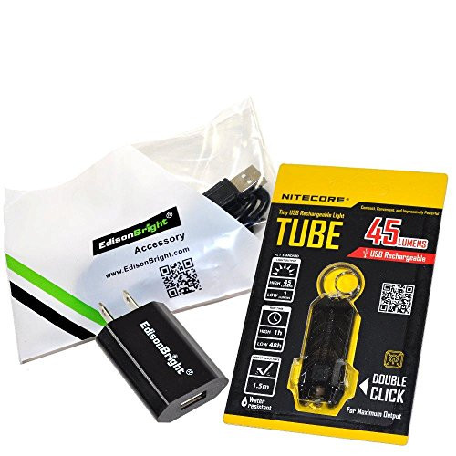EdisonBright Nitecore Tube (Black) 45 Lumen USB Rechargeable Keychain Light, USB Charger USB Cable Bundle