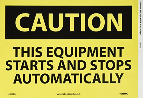 NMC C618PB OSHA Sign, Legend "CAUTION - THIS EQUIPMENT STARTS AND STOPS AUTOMATICALLY", 14" Length x 10" Height, Pressure Sensitive Vinyl, Black on Yellow