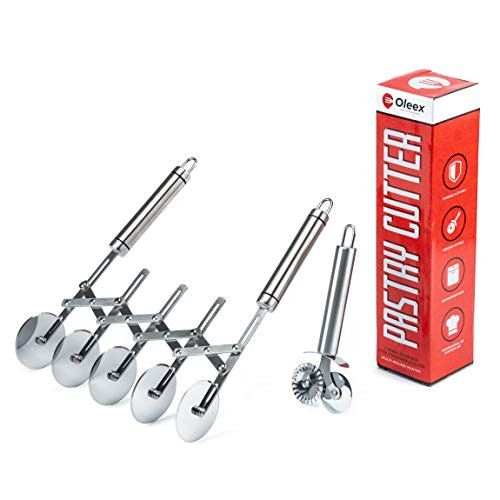 Oleex All-Dough Pastry Cutter Set. 5 Wheel Dough Cutter and Dual Fluted Ravioli Cutter Wheel/Pizza Cutter Wheel! Versatile Brownie Cutter, Pasta Maker, Noodle Cutter, Stainless Steel Pizza Slicer