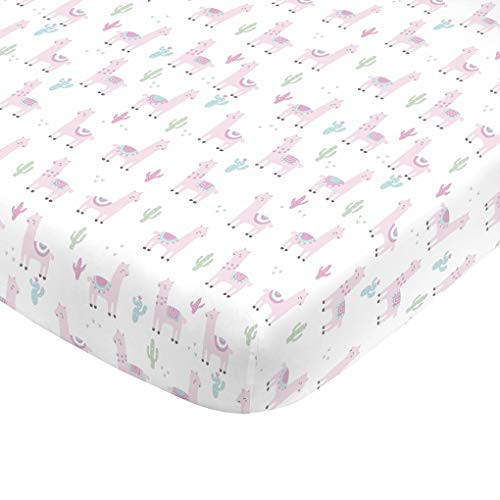 NoJo Super Soft Pink Llama Nursery Mini Crib Fitted Sheet, Pink, White, Green NoJo Super Soft Pink Llama Nursery Mini Crib Fitted Sheet, Pink, White, Green