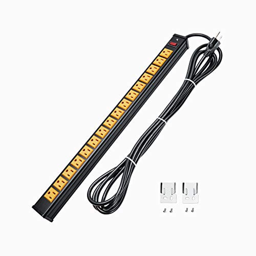 BTU Rack Mount Power Outlet 16 Outlet Heavy Duty Aluminum Socket Anti-Thunder Power Strip with 15-Foot Extension Cord, Surge Protector Duty Multi Plug Outlet with Smart Circuit Breaker, Yellow