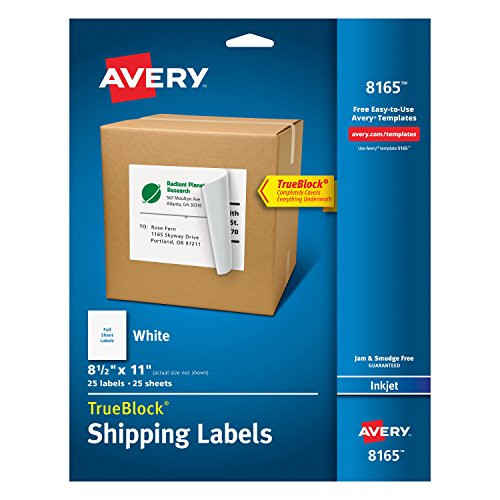 Avery Shipping Address Labels, Inkjet Printers, 25 Labels, Full Sheet Labels, Permanent Adhesive, TrueBlock (8165), White