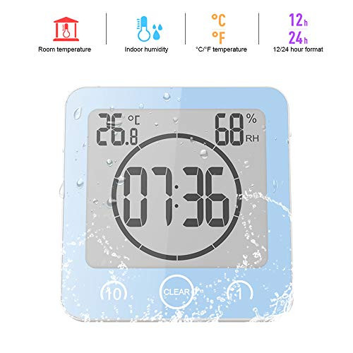 FORNORM Shower Clock Waterproof Digital Clock Timer with Alarm Temperature Humidity Display/Countdown Timer (Z-Blue)