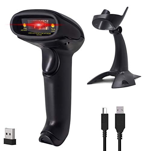 Symcode Barcode Scanner Wireless Versatile 2-in-1 (2.4Ghz Wireless+USB 2.0 Wired) Rechargeable 1D Barcode Reader USB Handheld Bar Code Scanner Wireless with Stand