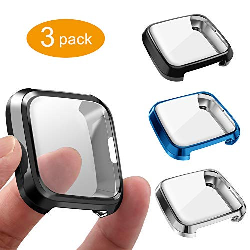 3 Packs Screen Protector Compatible Fitbit Versa Lite Edition, GHIJKL Ultra Slim Soft Full Cover Case for Fitbit Versa Lite Edition (Versa Lite: Black, Silver, Blue)
