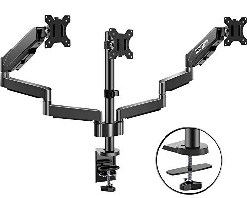 MOUNTPRO Triple Monitor Desk Mount - Articulating Gas Spring Monitor Arm, Removable VESA Mount Desk Stand with Clamp and Grommet Base - Fits 13 to 27 Inch LCD Computer Monitors, VESA 75x75, 100x100