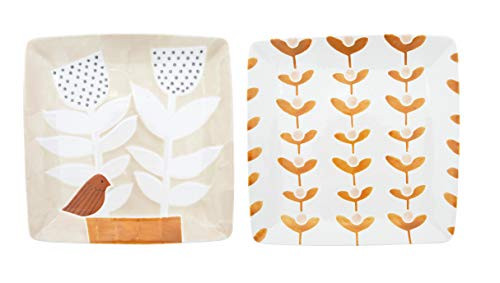 Creative Co-op 11" Square Hand-Painted Floral Stoneware (Set of 2 Patterns) Plates, Tan, 2 Count