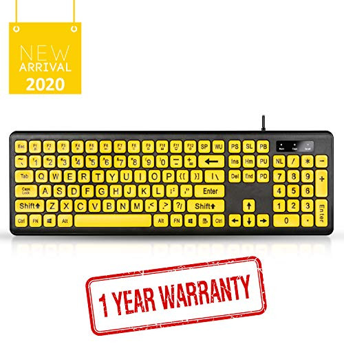 UBOTIE Large Print Computer Keyboard with Yellow Keys and Black Letters, Wired USB Keyboards for Visually Impaired Low Vision Individuals