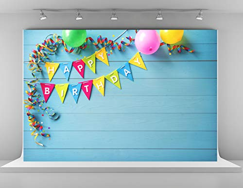 Kate 7x5ft Microfiber Happy Birthday Backdrops for Photoshoot Colorful Ribbon Decoration Photography Background Rustic Blue Wood Wall Backdrop Props