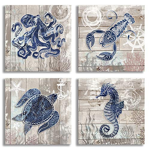 4 Piece Canvas Wall Art Home Wall Decor Art Ocean Watercolor Sea World Animal Home Sea Turtle Seahorse Octopus Pictures Modern Artwork Stretched and Framed Ready to Hang Size:12"x12"x4 Panels