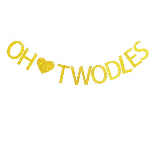 Oh Twodles with Gold Heart Banner for Baby Boy/Girl's 2nd Birthday Party Sign Decorations
