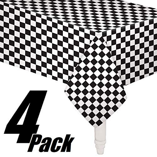 Oojami Pack of 4, Black & White Checkered Flag Table Cover Party Favor/Checkered Tablecloth/Disposable Checkered Racing Table Cover (54" x 108" Rectangle)