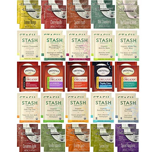 Organic Tea Sampler - Assortment Variety Pack - Black, White, Green, Herbal Tea Bags - Stash, Twinings, Davidson's - 50 Count, 25 Flavors