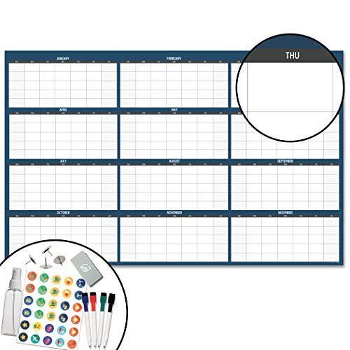 Large Dry Erase Wall Calendar - 38" x 60" - Undated Blank 2020 Reusable Yearly Calendar - Giant Whiteboard Year Poster - Laminated Office Jumbo 12 Month Calendar (Blue)