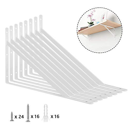 ORIGA 8 Pack 12" Shelf Brackets, Heavy Duty White Floating Shelve Triangle Shelf Brackets 90 Degree Shelf Supporter Right Angle Wall Mount Bracket