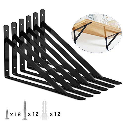 ORIGA 6 Pack 8" shelf brackets, Heavy Duty Black Floating Shelve Triangle Shelf Brackets 90 Degree Shelf Supporter Right Angle Wall Mount Bracket