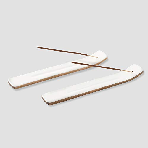 Folkulture Set of 2 Incense Holder or Incense Burner for Insence Sticks, Modern Ash Catcher or Insence Burner Holder, Wooden Insense Stick Holders or Inscent Tray, Mango Wood, White