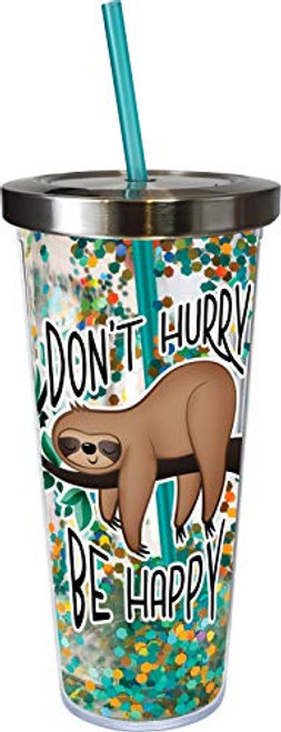 Spoontiques Sloth Glitter Cup w/Straw, 20 ounces, Teal
