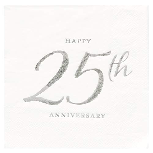 X&O Paper Goods White and Silver 'Happy 25th Anniversary' Beverage and Cocktail Napkins, 20pc, 5.5'' W x 5.5'' L