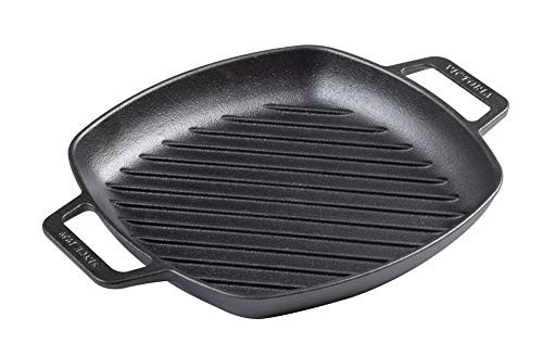 Victoria Cast Iron Square Grill Double Loop Handles, Griddle Pan Seasoned with 100% Kosher Certified Non-GMO Flaxseed Oil, 10 x 10 Inch, Black