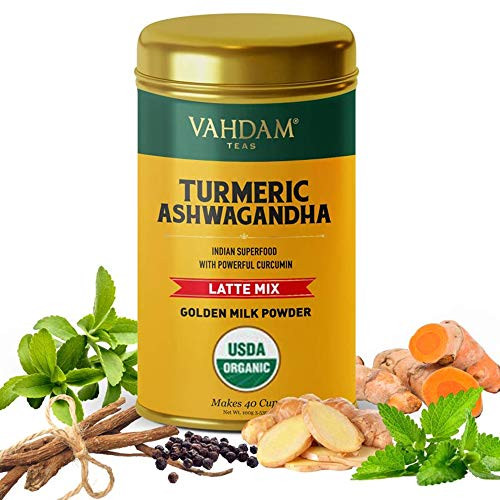 VAHDAM, Organic Turmeric + Ashwagandha Latte, 40 Cups (3.53 oz) | USDA Organic Certified Golden Milk Powder with Powerful CURCUMIN | Turmeric Powder + Ashwagandha | Turmeric Latte | Brew Hot or Iced