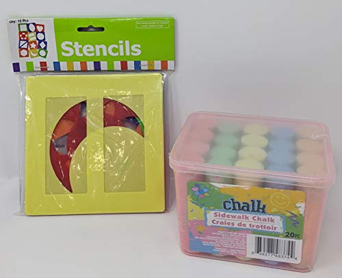 20 Sidewalk Chalk & Chalk Stencil Set Bundle - 2 items: Multicolor Sidewalk Chalk, 12 Piece Chalk Stencils