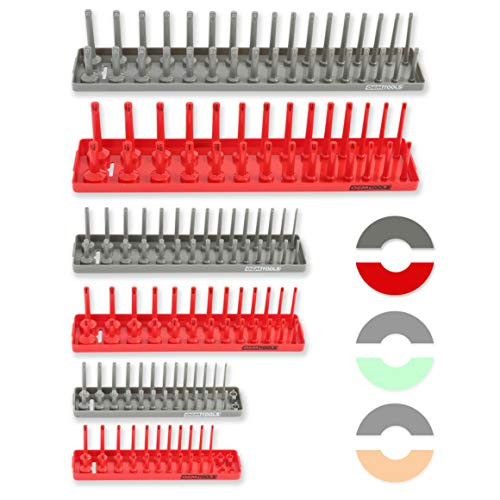 OEM TOOLS 22413 6 Piece Socket Tray Set, Red and Gray, Socket Rails, Holds 80 SAE & 90 Metric Sockets | 1/4", 3/8", 1/2" Drive, Red/Grey
