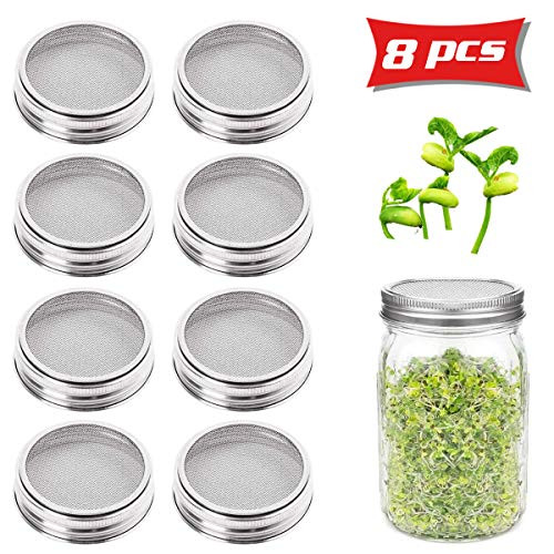 Weoxpr 8 Pack Stainless Steel Sprouting Lids for Wide Mouth Mason Jars, Sprouting Jar Lid Kit Strainer Screen to Grow Organic Sprouts Seeds