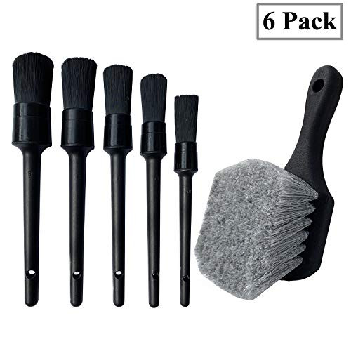 LucklyJone Wheel & Tire Brush, Soft Bristle Car Wash Brush, 5 Different Sizes Detailing Brush, Cleans Dirty Tires & Releases Dirt and Road Grime, Short Handle for Easy Scrubbing (Black)