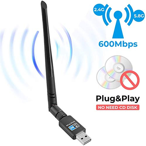 WiFi Adapter for PC 600Mbps,802.11ac USB Wireless Network Adapter with Dual Band 2.4GHz/5.8GHz 5dBi High Gain Antenna for Desktop Compatible with Windows 10/8/7/Vista/XP Mac OS