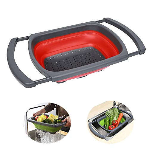 Colander collapsible, Colander Strainer Over The Sink Vegtable/Fruit Colanders Strainers With Extendable Handles, Folding Strainer for Kitchen,Telescopic Folding Drain Basket red