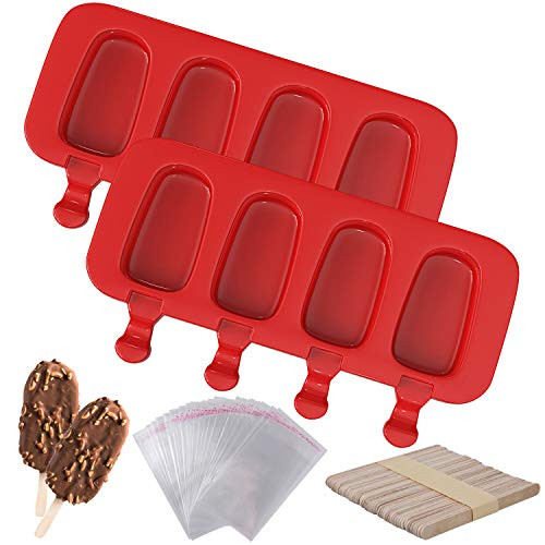 Ozera 2 Pack Silicone Popsicle Molds, 4 Cavities Homemade Ice Pop Molds Red Oval, Popsicle Maker with 50 Wooden Sticks & 50 Popsicle Bags for DIY Ice Popsicle Ozera 2 Pack Silicone Popsicle Molds, 4 Cavities Homemade Ice Pop Molds Red Oval, Popsicle Maker with 50 Wooden Sticks & 50 Popsicle Bags for DIY Ice Popsicle