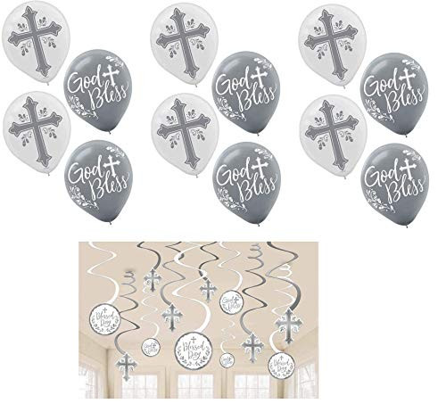 Holy Day Cross Sign Religious Latex Balloons (15 Pcs) with Communion Spiral Decorations with Icons (12 Pcs) Ideal for Holy Communion, First Confession, Confirmation, Baptism Celebration, Religious Themed Event