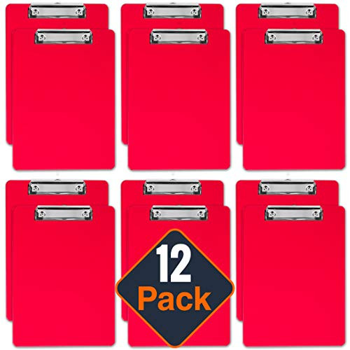 Plastic Clipboards (Set of 12) Multi Pack Clipboard (Red) Strong 12.5 x 9 Inch | Holds 100 Sheets! Acrylic Clipboards with Low Profile Clip | Cute Clip Boards Board Clips