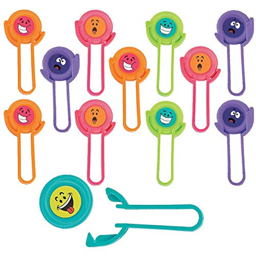 Kicko Smile Face Disc Shooters - 12 Pack - Assorted Colors, 1.75 Inch Launcher, 2 x 4 Inch Plastic Funny Face Fliers - for Kids, Party Favors, Bag Stuffers, Toys