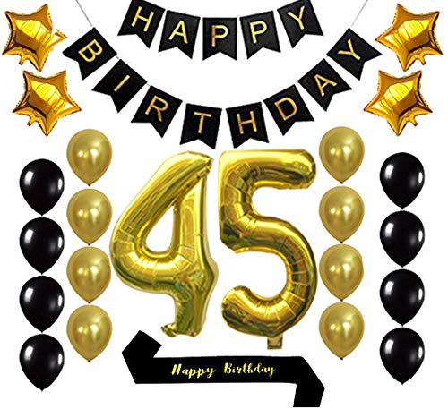 Gold 45th Birthday Decorations Balloon Banner - Happy Birthday Banner, 45 Gold Number Balloons, Gold and Black Balloons, Happy Birthday sash, Birthday Decoration Supplies Fancy Gold 45th Birthday Decorations Balloon Banner - Happy Birthday Banner, 45 Gold Number Balloons, Gold and Black Balloons, Happy Birthday sash, Birthday Decoration Supplies Fancy