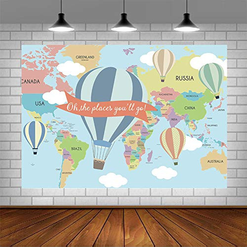 Hot Air Balloon Theme Photography Backdrop for Baby Shower Oh The Place You'll go Travel Birthday Background Newborn Baby Party Decorations Photo Booth Props 5x3ft