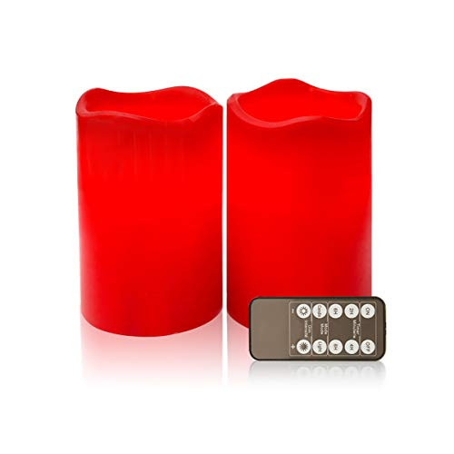 D4" Red Flameless Candles LED Candle Realistic Flickering Electric Candles Battery Operated, Ivory Real Wax LED Pillar Candle Sets (Red, Set of 2)