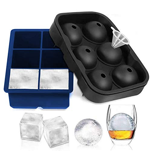Ice Cube Tray Silicone, Sphere Ice Mold Set of 2, Silicone Ice Cube Tray with Lid and Large Square Molds for Whiskey and Cocktails, 6 Cells Ice Ball Maker, Blue+Black.