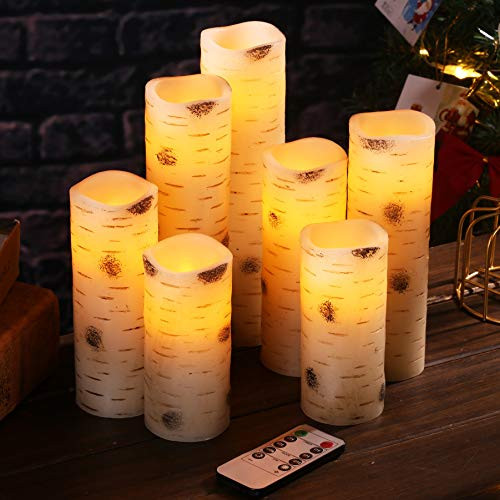 Flameless Candles Battery Operated Candles Birch Bark Effect Set of 7 Ivory Real Wax Pillar LED Candles with 10-Key Remote Control and Cycling 24 Hours Timer