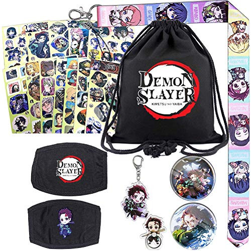 Demon Slayer Kimetsu no Yaiba Big Gift Set - 1 Drawstring Bag/ 12 Stickers/ 2 Button Pins/ 1 Phone Ring Holder/ 1 Keychain/ 1 Lanyard