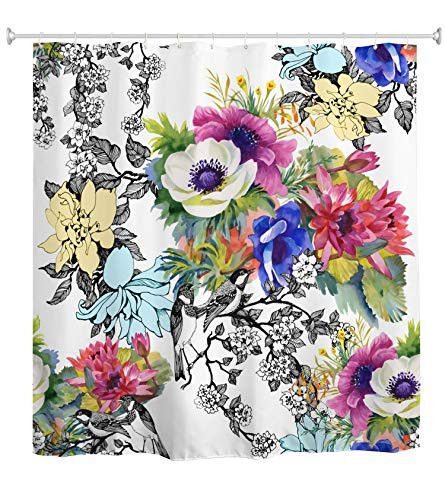 YUYASM Colorful Floral Shower Curtain Decor Watercolor Spring Flower Birds Natural Scenery Fabric Bathroom Curtains,Waterproof Polyester Bath Curtain Set with Hooks 70x70 Inch