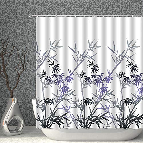 AMNYSF Spring Leaf Decor Shower Curtain Watercolor Bamboo Leaves Abstract Plant Floral Fabric Polyester Bathroom Curtains with Hooks 70x70 Inch Grey Blue Charcoal