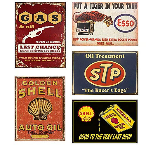 FlowerBeads Vintage Tin Signs Metal Poster Auto Motorcycle Gasoline Garage Shop Bar Home Wall Decoration (5PCS, STP Motor Oil, 20X30CM)